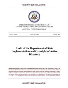 Audit of the Dept of State Implementation and Oversight of Active Directory