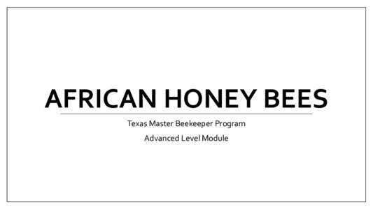 AFRICAN HONEY BEES Texas Master Beekeeper Program Advanced Level Module European vs. African •