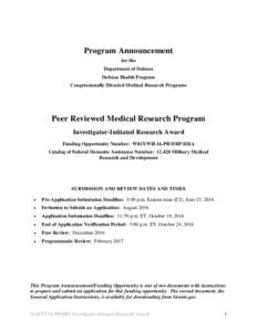 Program Announcement for the Department of Defense Defense Health Program Congressionally Directed Medical Research Programs