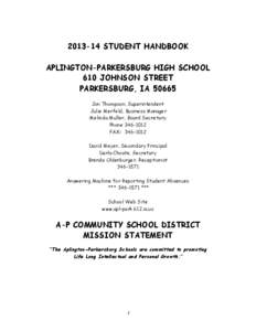 [removed]STUDENT HANDBOOK APLINGTON-PARKERSBURG HIGH SCHOOL 610 JOHNSON STREET