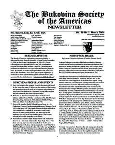 The Bukovina Society of the Americas NEWSLETTER Vol. 16 No. 1 March[removed]P.O. Box 81, Ellis, KS[removed]USA