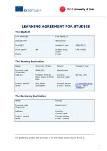 LEARNING AGREEMENT FOR STUDIES The Student Last name (s) First name (s)