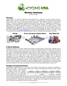 Business Summary October 14, 2011 Overview  eCycling USA™ is licensed by Adelmann (www.adelmann.de) to implement “turnkey” electronic waste (ewaste) plants in the US. Adelmann is the world leader in manufacturing a