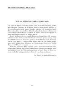 STUDIA MATHEMATICA[removed]JORAM LINDENSTRAUSS (1936–2012)
