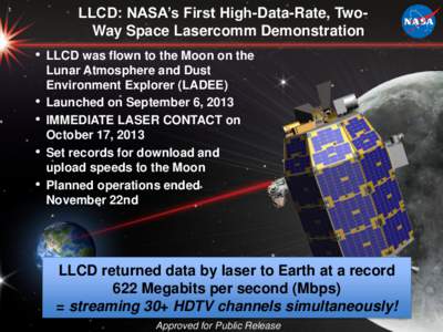 LLCD: NASA’s First High-Data-Rate, TwoWay Space Lasercomm Demonstration  1 • LLCD was flown to the Moon on the •