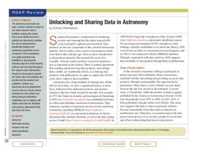 Bulletin of the Association for Information Science and Technology – April/May 2015 – Volume 41, Number 4  RDAP Review EDITOR’S SUMMARY The astronomy community has been a leader in efforts to preserve