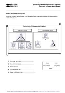 The story of Shakespeare’s King Lear Group B Student worksheets Task 1 – Who’s who in King Lear King Lear is a story about families. Look at the two family trees and complete the sentences with words from the box.