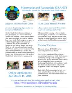 NAMC NEWS – MATHCIRCLES.ORG  WINTER 2016 Mentorship and Partnership GRANTS Funding for Novice and Experienced Math Circle Leaders