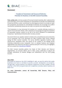 Statement Freedom of Investment and Structural Reforms: Priorities for Business at the BIAC General Assembly Paris, 30 May 2016—On the occasion of its annual General Assembly, BIAC celebrated the 40th anniversary of th
