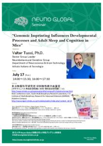 Seminar “Genomic Imprinting Influences Developmental Processes and Adult Sleep and Cognition in Mice” Speaker