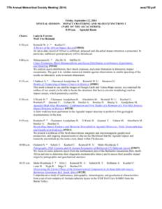 77th Annual Meteoritical Society Meeting[removed]sess703.pdf Friday, September 12, 2014 SPECIAL SESSION: IMPACT CRATERING AND MASS EXTINCTIONS I