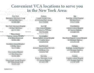 Convenient VCA locations to serve you in the New York Area: New York Manhattan Veterinary Group 240 East 80th Street