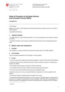 Federal Department of Economic Affairs, Education and Research EAER Swiss Science and Innovation Council SSIC Rules of Procedure of the Swiss Science and Innovation Council (SSIC)
