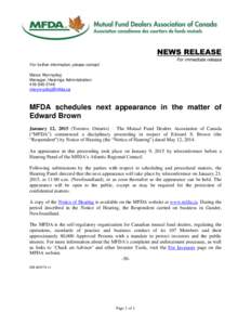 News release - MFDA schedules next appearance in the matter of Edward Brown
