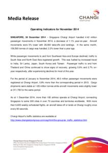 Media Release Operating Indicators for November 2014 SINGAPORE, 30 December 2014 – Singapore Changi Airport handled 4.42 million passenger movements in November 2014, a decrease of 1.1% year-on-year. Aircraft movements