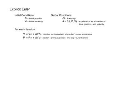 Explicit Euler Initial Conditions: P0 - initial position V0 - initial veclocity  Global Conditions:
