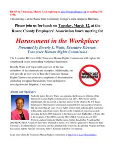 RSVP by Thursday, March 7, by replying to [removed] or calling[removed]This meeting is at the Roane State Community College’s main campus in Harriman. Please join us for lunch on Tuesday, March 12, at th