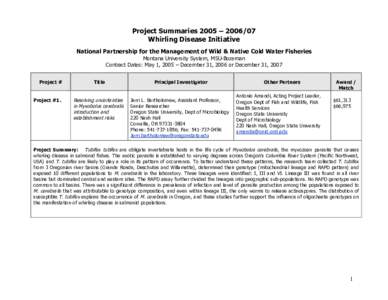 Project Summaries 2005 – Whirling Disease Initiative National Partnership for the Management of Wild & Native Cold Water Fisheries Montana University System, MSU-Bozeman Contract Dates: May 1, 2005 – December