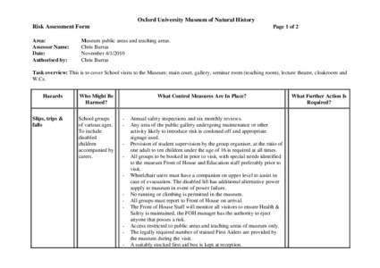 Oxford University Museum of Natural History Risk Assessment Form Area: Assessor Name: Date: Authorised by: