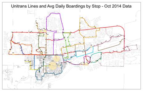 Unitrans Lines and Avg Daily Boardings by Stop - Oct 2014 Data