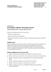 Relevant affiliations of the Bank Council members Ernst Stocker, Member of the Bank Council Initial election 2010, current election 2016 Ernst Stocker, Wädenswil, born 1955, Swiss citizen