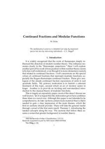 Continued Fractions and Modular Functions W. Duke