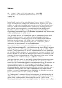 Abstract  The politics of bank nationalization, Suhit K Sen  Indira Gandhi announced the nationalization of fourteen banks inEven