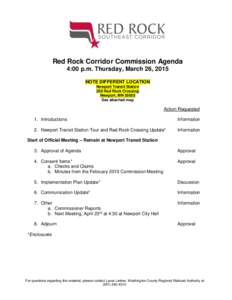 Red Rock Corridor Commission Agenda 4:00 p.m. Thursday, March 26, 2015 NOTE DIFFERENT LOCATION Newport Transit Station 250 Red Rock Crossing Newport, MN 55055