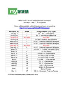 CFA® Level II NYSSA Weekly Review (Mondays) January 5 – MayAgenda Videos will be available within 48 business hours of recording: http://www.nyssa.org/Videos/MyVideos.aspx Recorded on: January 5