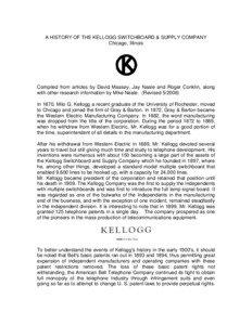 A HISTORY OF THE KELLOGG SWITCHBOARD & SUPPLY COMPANY Chicago, Illinois