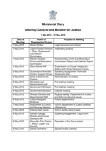 Ministerial Diary Attorney-General and Minister for Justice 1 May 2013 – 31 May 2013 Date of Meeting