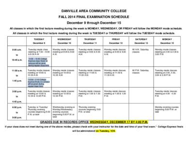 DANVILLE AREA COMMUNITY COLLEGE FALL 2014 FINAL EXAMINATION SCHEDULE December 9 through December 15 All classes in which the first lecture meeting during the week is MONDAY, WEDNESDAY, OR FRIDAY will follow the MONDAY mo
