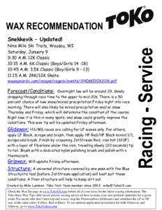 WAX RECOMMENDATION Nine Mile Ski Trails, Wausau, WI Saturday, January 9 9:30 A.M. 12K Classic 10:15 A.M. 6K Classic (Boys/Girls:45 A.M. 3.5K Classic (Boy/Girls 9 – 13)