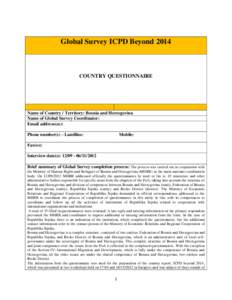 Global Survey ICPD Beyond[removed]COUNTRY QUESTIONNAIRE Name of Country / Territory: Bosnia and Herzegovina Name of Global Survey Coordinator: