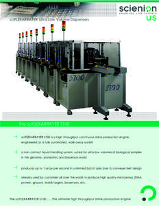 sciFLEXARRAYER Ultra-Low Volume Dispensers  The sciFLEXARRAYER S100 sciFLEXARRAYER S100 is a high throughput continuous inline production engine, engineered as a fully automated, walk-away system