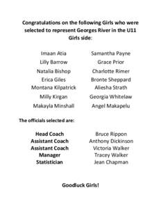 Congratulations on the following Girls who were selected to represent Georges River in the U11 Girls side: Imaan Atia Lilly Barrow