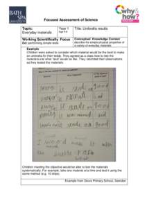 Focused Assessment of Science Topic: Everyday materials Year 1