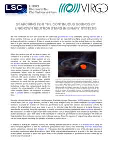 SEARCHING FOR THE CONTINUOUS SOUNDS OF UNKNOWN NEUTRON STARS IN BINARY SYSTEMS We have conducted the first ever search for the continuous gravitational waves emitted by spinning neutron stars in binary systems that have 