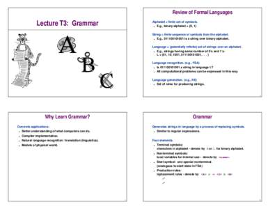 Review of Formal Languages  Lecture T3: Grammar Alphabet = finite set of symbols. E.g., binary alphabet = {0, 1}