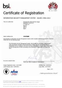 Certificate of Registration INFORMATION SECURITY MANAGEMENT SYSTEM - ISO/IEC 27001:2013 This is to certify that: Organización Nacional De Ciegos Españoles (O.N.C.E.)