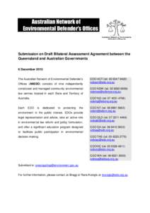 Australian Network of Environmental Defender’s Offices Submission on Draft Bilateral Assessment Agreement between the Queensland and Australian Governments 6 December 2013