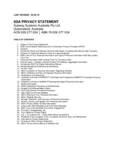 LAST REVISED: SSA PRIVACY STATEMENT Subway Systems Australia Pty Ltd Queensland, Australia ACN │ ABN