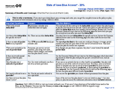 State of Iowa Blue Access® - 20% Coverage Period: [removed] – [removed]Coverage for: Single & Family | Plan Type: HMO Summary of Benefits and Coverage: What this Plan Covers & What it Costs This is only a summary. 