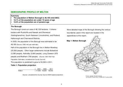Melton Borough Community Profile 2005 Produced by Research & Information Team Leicestershire County Council