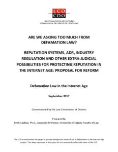 ARE WE ASKING TOO MUCH FROM DEFAMATION LAW? REPUTATION SYSTEMS, ADR, INDUSTRY REGULATION AND OTHER EXTRA-JUDICIAL POSSIBILITIES FOR PROTECTING REPUTATION IN THE INTERNET AGE: PROPOSAL FOR REFORM