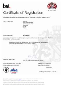 Certificate of Registration INFORMATION SECURITY MANAGEMENT SYSTEM - ISO/IEC 27001:2013 This is to certify that: ATM S.A. Data Center ATMAN