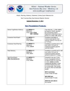 Watch, Warning, Advisory, Statement Criteria Quick Reference for San Francisco Bay Area National Weather Service Updated November 17, 2014 Non Precipitation Products: Dense Fog/Smoke Advisory