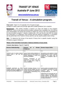 TRANSIT OF VENUS Australia 6th June 2012 www.transitofvenus.com.au    Transit of Venus – A simulation program.