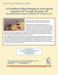 In The Wayrick Wildlife Art Gallery  An Exhibition of Bird Paintings by Sean Murtha September 20th through November 28th Opening Reception Sunday, September 20th 2:30 pm to 4:30 pm