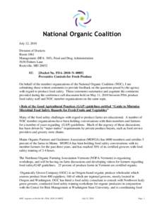 National Organic Coalition July 12, 2010 Division of Dockets Room 1061 Management (HFA–305), Food and Drug Administration 5630 Fishers Lane